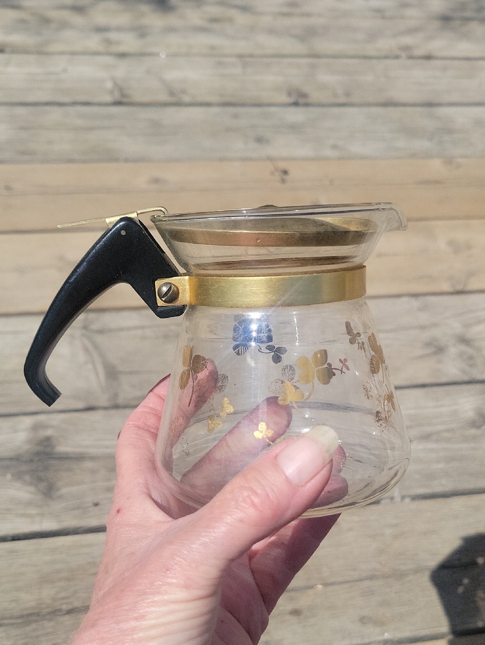 Vintage Glass Coffee Carafe with Gold Floral Accents - Black Handle